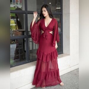 Tia Ty Burgundy Cut-off Maxi Dress